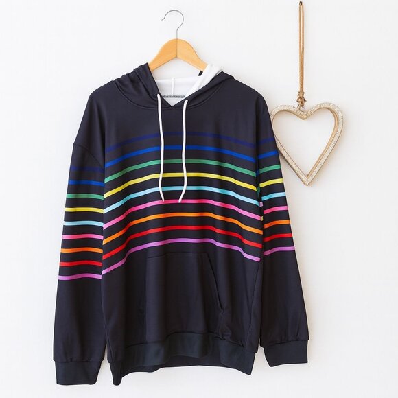 Women's Plus Pullover Hoodie Sweater Size 1X Rainbow Stripe in Dark Navy - Picture 1 of 11